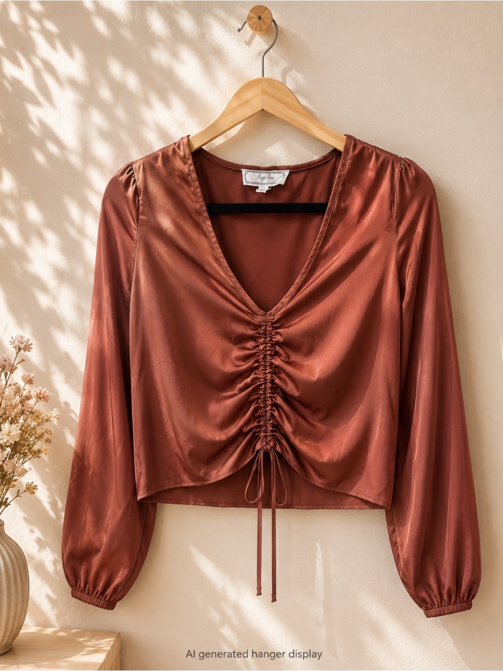 Hippie Rose Satin Ruched Drawstring V-Neck Blouse - Rust Brown